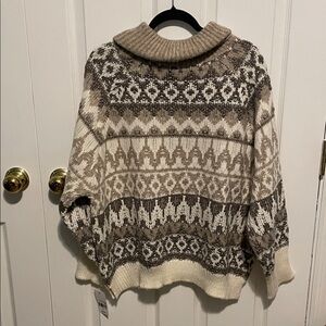 Elegant Patterned Cowl Neck Sweater - Cream and Brown